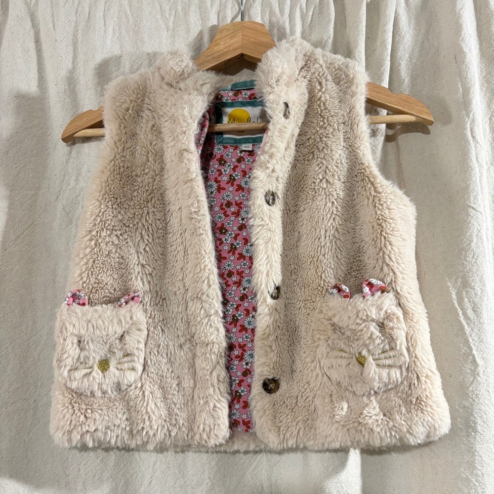 Mini Boden Girls Faux Fur Kitten Pocket Vest Gilet Beige Floral Lining 6-7Y